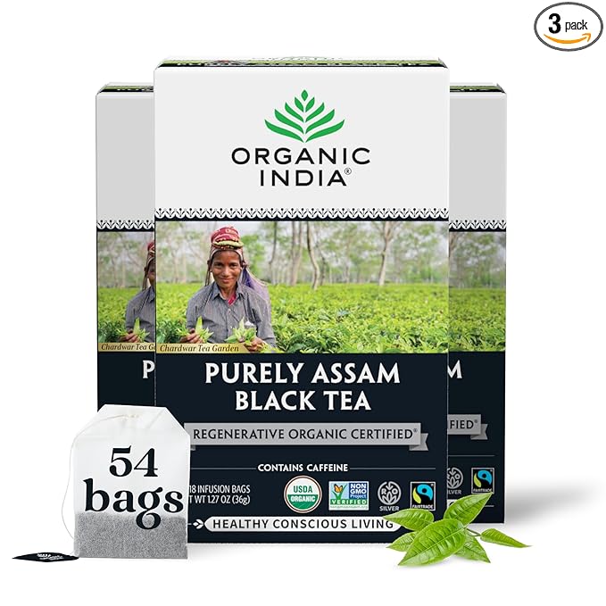 Organic India Purely Assam Black Tea - Caffeinated Herbal Tea Bags with Natural Assam Leaves Enjoy with Milk &amp Sweetener USDA Organic Non-GMO Fairtrade Certified - 18 Bags (Pack of 3)