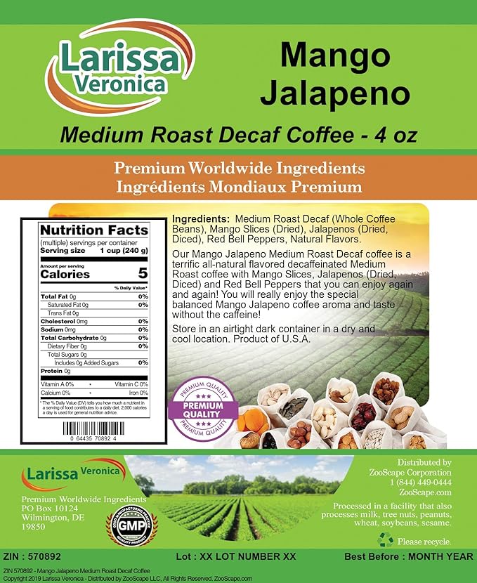Mango Jalapeno Medium Roast Decaf Coffee (Gourmet Naturally Flavored Whole Coffee Beans) (4 oz ZIN: 570892) - 3 Pack