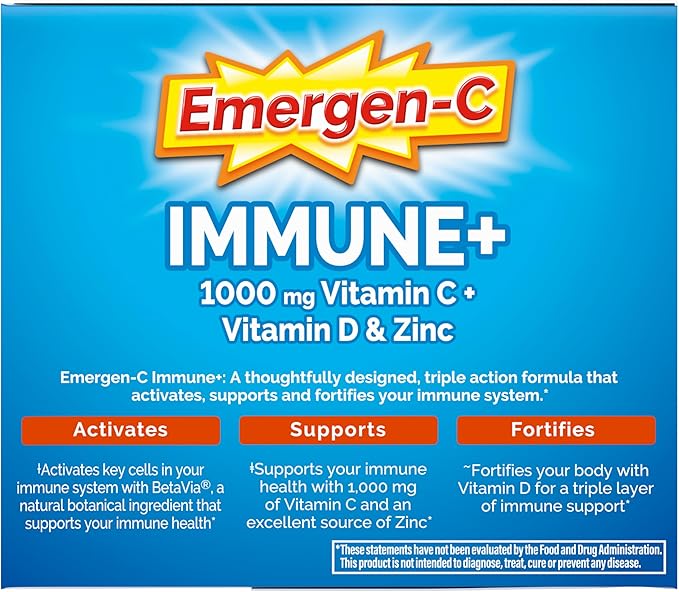 Emergen-C Immune+ Triple Action Immune Support Powder BetaVia (R) 1000mg Vitamin C B Vitamins Vitamin D and Antioxidants Super Orange – 50 Count