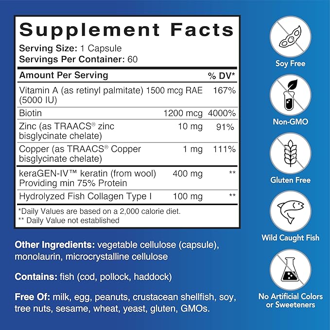 Patient One Hair Skin &amp Nail Care | Supplement to Support Strong Nails and Healthy Hair and Skin* | with Keratin Collagen and More | 60 Capsules