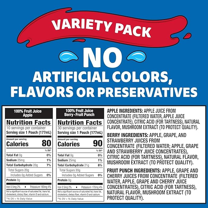 Fruit Punch Berry &amp Apple Juice Variety Pack Ready-to-Drink Juice (40 Pouches 4 Boxes of 10)