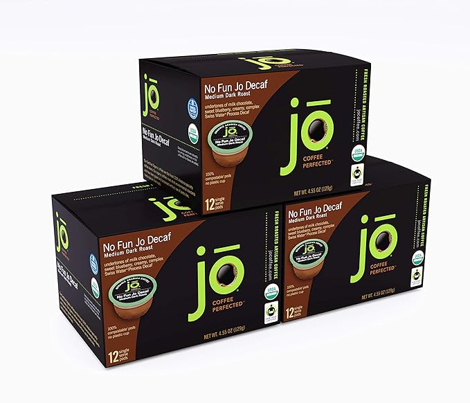 No Fun Jo Decaf: 36 Organic Compostable Pods for Keurig K-Cup Compatible Brewers Swiss Water Process Eco-Friendly Single Serve Coffee Medium/Dark Roast Fair Trade Chemical Free by Jo Coffee®