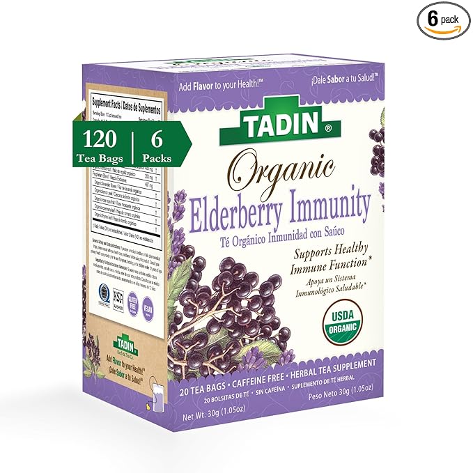 Tadin Organic Elderberry Tea Caffeine Free Herbal Tea for Immunity Support 20 Tea Bags Per Box Pack of 6