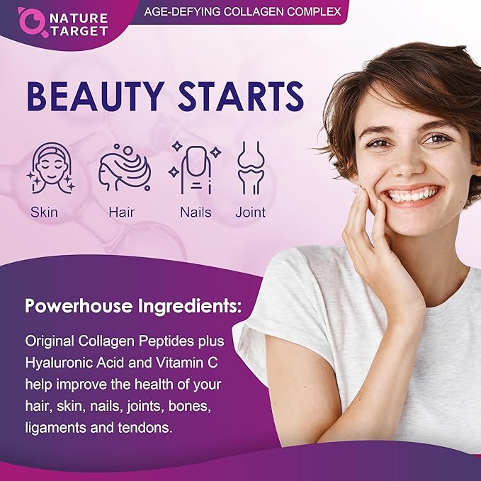 NATURE TARGET Multi Collagen Peptides Powder - Type I II III V X - Hydrolyzed Collagen Peptides with Vitamin C Hyaluronic Acid Supports Skin Hair Nail &amp Joint Grass-Fed Non-GMO 50 Servings