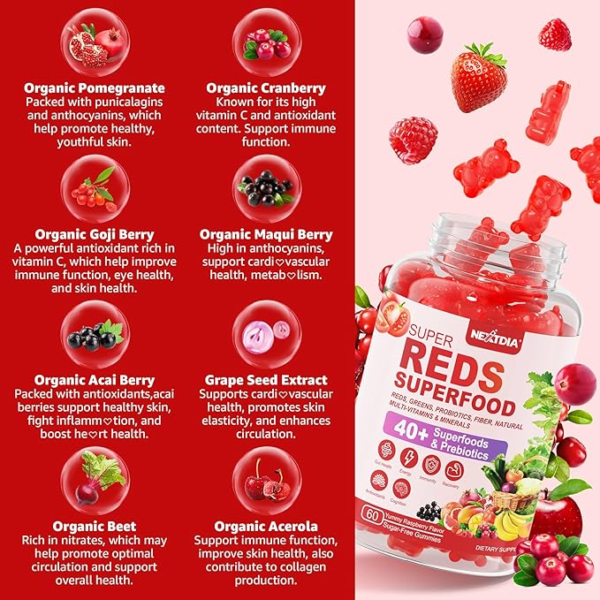 Super Reds Gummies Fruit and Veggie Supplement w/40+ Superfoods Polyphenol Fruits Berries Super Greens Beet Root Powder Alternative Support Energy Antioxidants Gut Health Immunity 60Cts