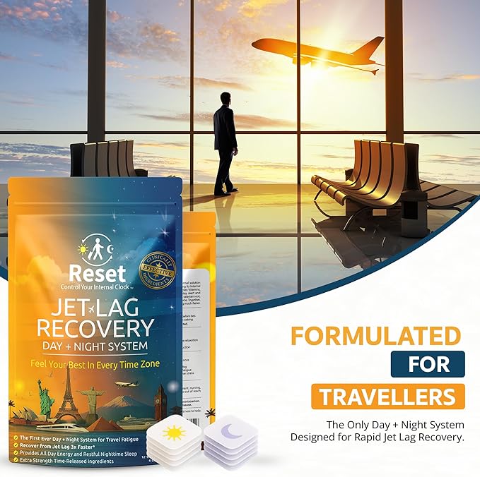 Reset Jet Lag Recovery System | Day and Night Transdermal Patches with Extra Strength Melatonin Magnesium and B Vitamins | Travel Fatigue Relief Sleep Support and Energy Boost |12 Patches