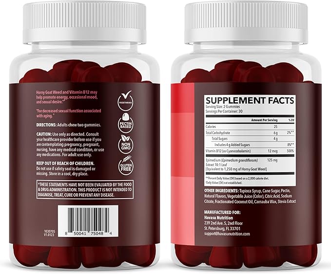 Horny Goat Weed Gummies with Vitamin B12 - Energy Endurance &amp Performance Support for Male Health - 60 Count - Vegetarian-Friendly Non-GMO Pectin-Based - Raspberry Flavor 1 Month Supply