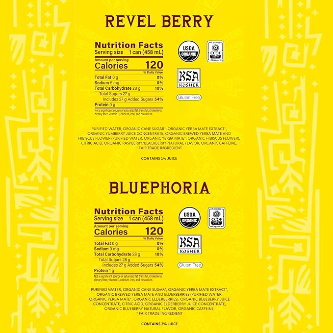 Guayakí Organic Yerba Mate Clean Energy Drink Alternative Bundle Revel Berry &amp Bluephoria Flavors 15.5 Oz (Pack of 24) 150mg Natural Caffeine Smooth Energy &amp Focus