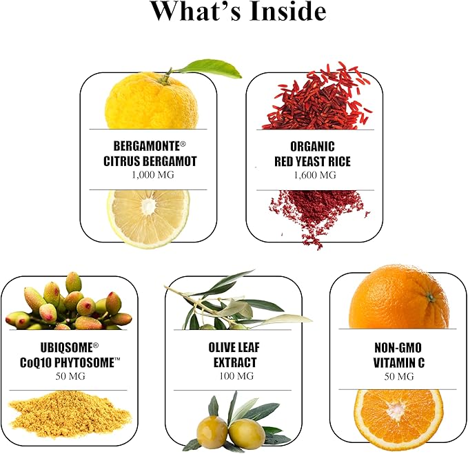 Durable Cholesterol Complete – Organic Red Yeast Rice 1600 mg + Bergamonte® Citrus Bergamot 1000 mg + Ubiqsome® CoQ10 + Olive Leaf + Vitamin C – Doctor Formulated Made in USA (360 Capsules)