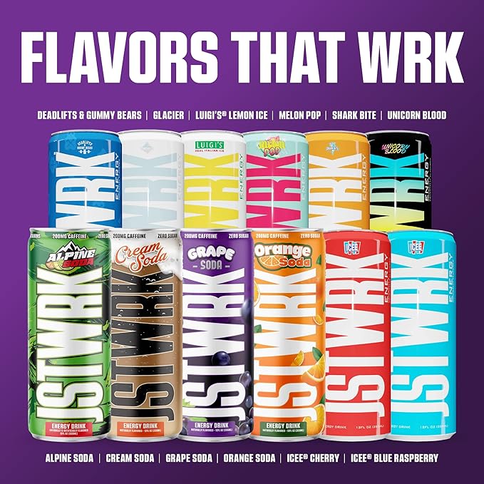 JST WRK Energy Drink - 12-Pack Sugar-Free Zero Calories No Sugar Alcohols 12 Fl Oz. 200 milligrams Caffeine (Grape Soda)
