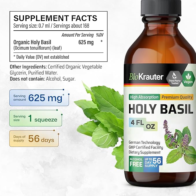 BIO KRAUTER® Holy Basil for Calm &amp Relaxation Support - Vegan Holy Basil Supplement 625 mg per Serving for Mood Support - 4 Fl.Oz. 56-Day Supply Alcohol &amp Sugar Free Herbal Adrenal Supplemen