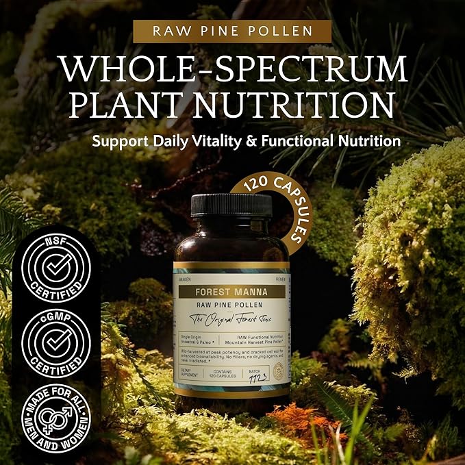 Forest Manna RAW Pine Pollen Capsules – Adaptogenic Functional Nutrition – Single Origin Pine Pollen – Vegan Gluten-Free &amp Non-GMO – 120 Capsules
