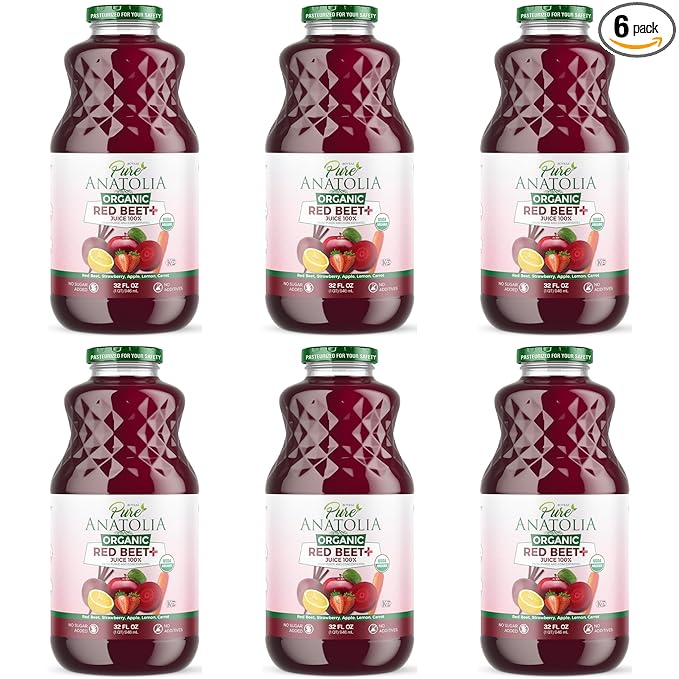 Organic Red Beet + Juice by Pure Anatolia - USDA Organic Gluten Free Vegan No Preservatives Non GMO Rich in Vitamin C Immunity Boosting - Reusable 6 Glass Bottles of 32 fl oz.