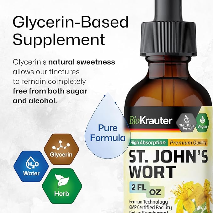 BIO KRAUTER® St Johns Wort for Calm &amp Mood Support - Vegan St. John's Wort for Relaxation &amp Emotional Wellness Support - Calm Drops 2 Fl.Oz. 28-Day Supply Alcohol &amp Sugar Free Herbal Sup