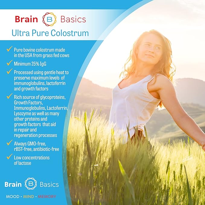 Brain Basics Ultra-Pure Colostrum 4000mg per Serving Min 25% IgG antibodies Gut-Brain-Immune Health Glowing Hair and Skin. Colostrum Powder from Grass-Fed Cows. 360 Grams - 90 Servings
