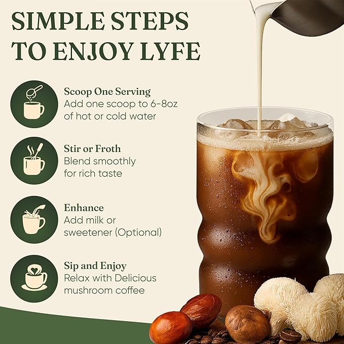 LYFE Organic Instant Mushroom Coffee 40 Servings – Lion’s Mane Chaga Cordyceps &amp Turkey Tail | USA Grown Adaptogenic Blend for Energy Focus &amp Wellness - Natural Superfood Coffee for Daily