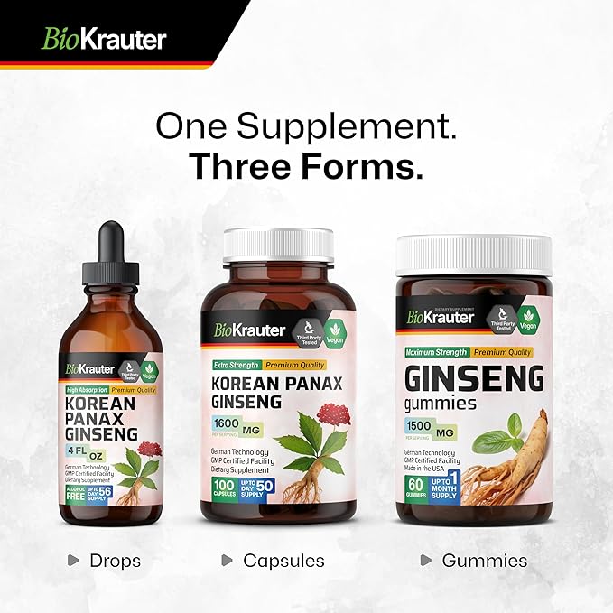 BIO KRAUTER® Ginseng Supplement - Pure Vegan Liquid Drops Korean Red Ginseng 696 mg per Serving 4 Fl.Oz 56-Day Supply - Used for Energy Focus Performance &amp Immune Support - Alcohol &amp Sugar F