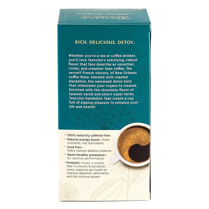 Teeccino Dandelion Red Chai Tea - 25 Tea Bags - Caffeine-Free Roasted Herbal Tea with Prebiotics 3x More Herbs than Regular Tea Bags Gluten Free (Pack of 3)