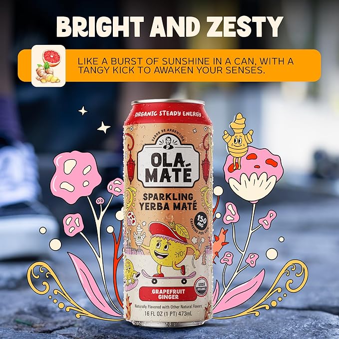 Yerba Mate Energy Drink - Low Sugar Sparkling Tea Cans with Ashwagandha Lion’s Mane USDA Organic Clean Energy Drink with 150mg Natural Caffeine Ola Mate Grapefruit Ginger