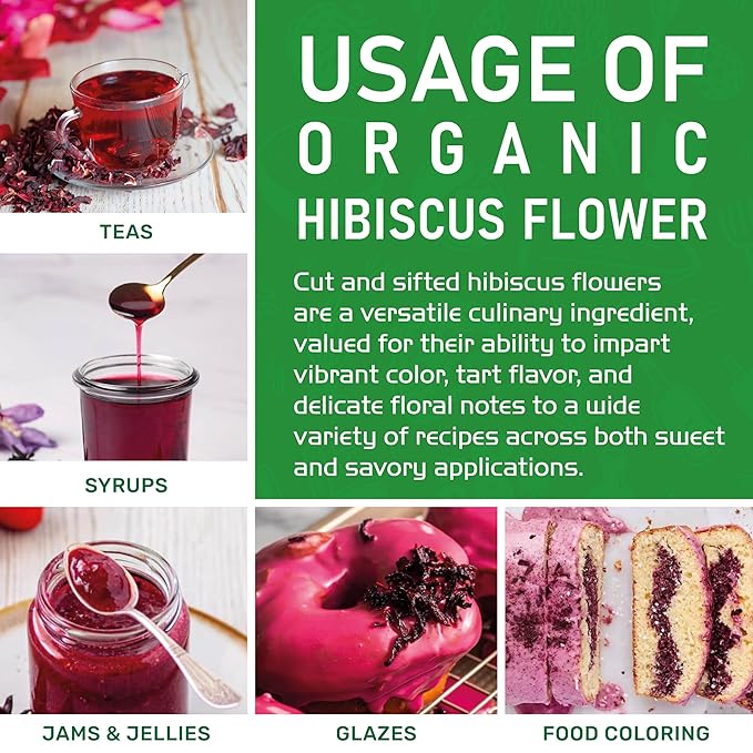 Organic Hibiscus Flowers 2 LB Jumbo Bulk Bag - 100% Pure Cut &amp Sifted Gluten Free Non GMO Non Irradiated Caffeine Free Perfect for Tea Blends Jams Baked Goods by Jiva Organics