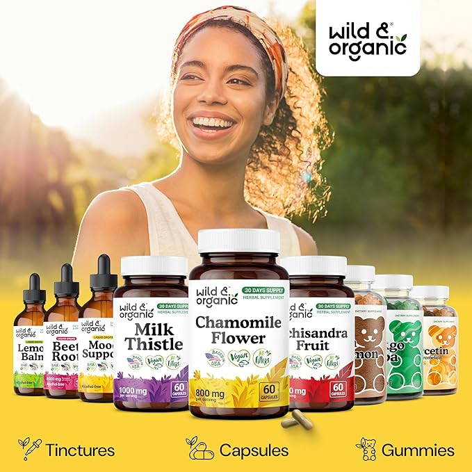 Wild &amp Organic Chamomile Capsules 800 mg - Relaxation &amp Digestive Support - Herb Chamomile Extract Supplement - Matricaria Recutita Flower - Vegan No Fillers Non-GMO - 60 Count