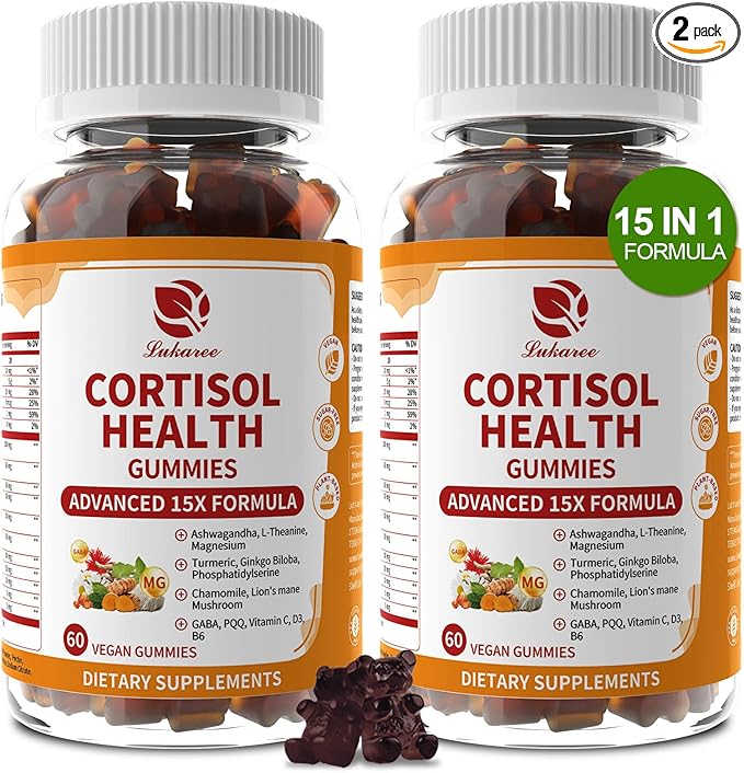 Lukaree Cortisol Supplements for Women &amp Men 15 in 1 Cortisol Reducer Manager Cortisol Calm Gummies with Ashwagandha Magnesium L-theanine GABA - for Mood Focus Sleep - Vegan Sugar Free 2 P