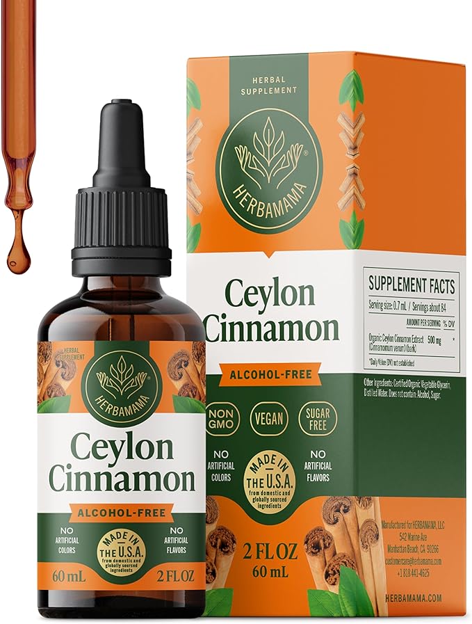 HERBAMAMA Ceylon Cinnamon Extract Liquid - Cinnamon Drops for Overall Support - Non-GMO Alcohol &amp Sugar-Free Antioxidant Tincture 42-Day Supply