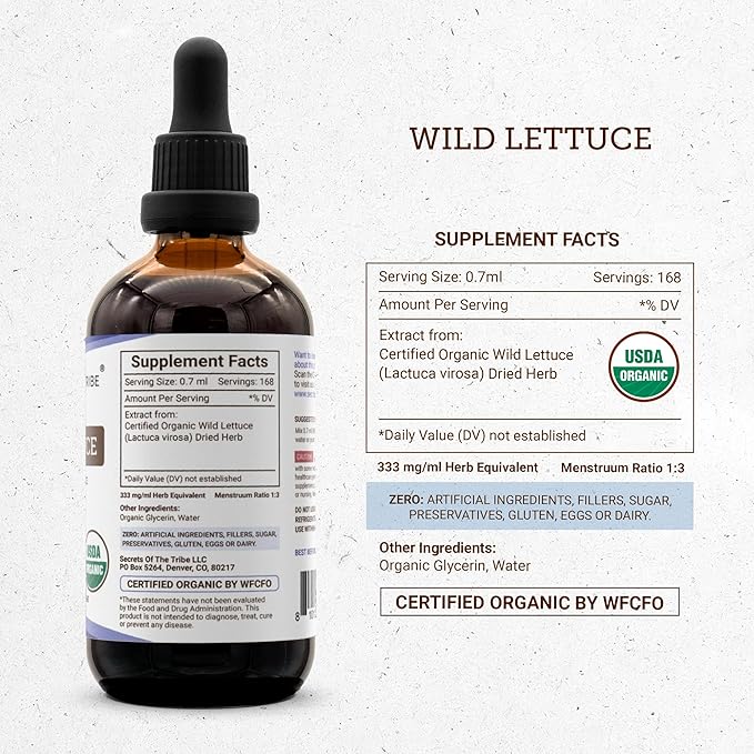 Secrets of the Tribe Wild Lettuce Tincture Alcohol-Free Extract USDA Organic Wild Lettuce (Lactuca virosa) Dried Herb (4 FL OZ)