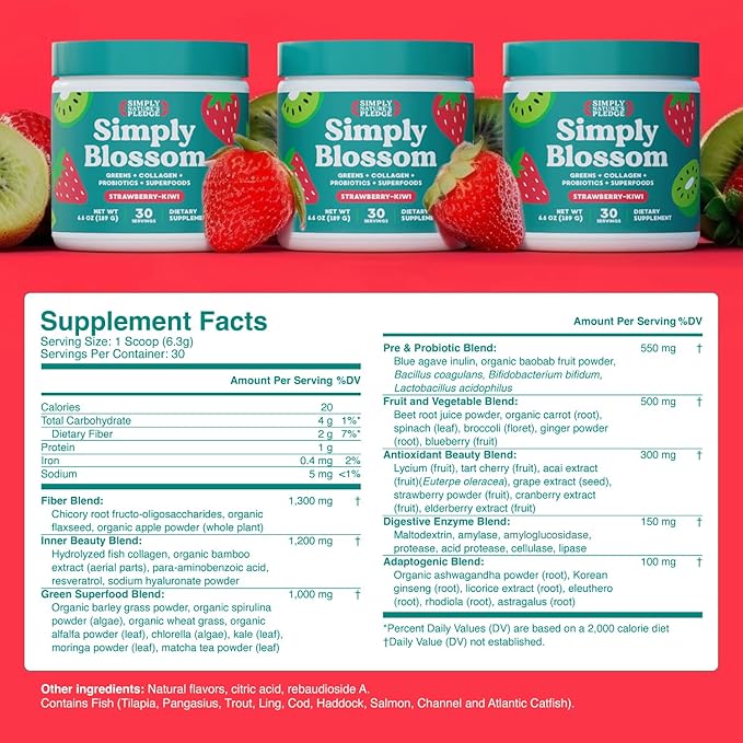 Simply Blossom Nutrition Daily Greens &amp Superfood Powder + Collagen + Probiotics for Women's Digestive Health &amp Bloating Relief. Help Your Health Bloom - 30 Day Supply - Strawberry Kiwi