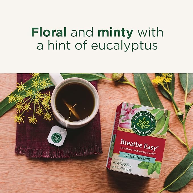 Traditional Medicinals Tea Organic Breathe Easy with Eucalyptus Mint Promotes Respiratory Health Kosher Non-GMO Caffeine-Free Compostable - 96 Tea Bags (Pack of 6