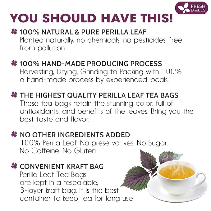 FreshDrinkUS Premium Perilla Leaf Tea – 75 Tea Bags | 100% Pure Perilla Leaves | Caffeine-Free Non-GMO Natural Packaging | Herbal Tea Bags for Daily Enjoyment. Gluten-Free. Sugar-Free. Vegan