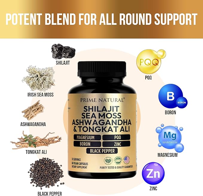 Shilajit 1000mg Irish Sea Moss 100mg Ashwagandha 100mg Tongkat Ali Boron Magnesium PQQ &amp More | 60 Capsules - 30 Days Supply| Fulvic Acid Veg Capsules| Vegan| Gluten Free | Non-GMO