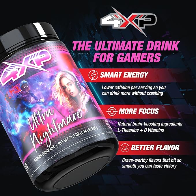 4XP Ultra Nightmare Watermelon Gaming Energy Drink Mix| Low-Caffeine Nootropic Powder with B Vitamins &amp Watermelon Flavor for Gamers | 50-Serving Container