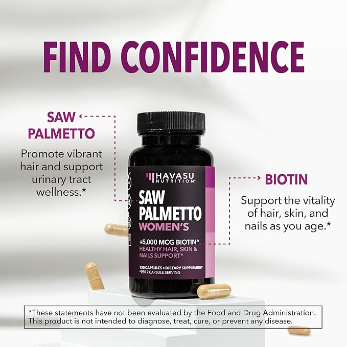 Saw Palmetto for Women with Biotin 5000mcg - Powerful DHT Blocker to Support Hair Skin and Nail Health - 120 Count - Vegan Non-GMO Vitamin for Stronger Fuller Looking Locks - 2 Month Supply