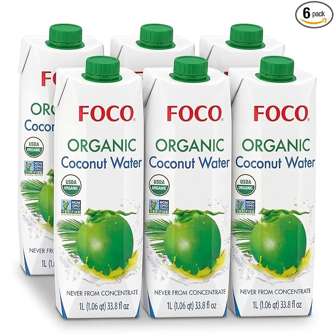 FOCO UHT Organic Coconut Water 33.8 Fl Oz Pack of 6 NON-GMO Never from Concentrate