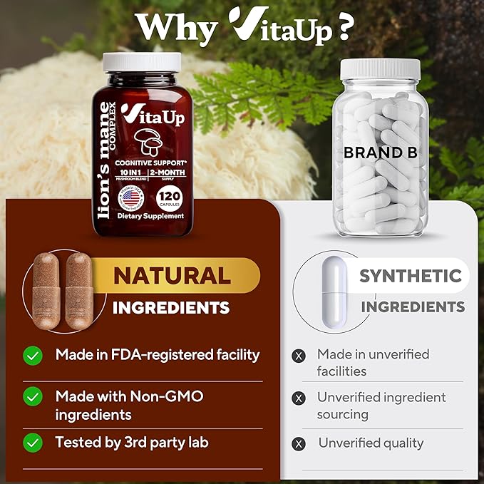 Lions Mane Supplement Capsules - USA Made 10 in 1 Mushroom Supplement - Mushroom Complex with Lions Mane Cordyceps Turkey Tail Reishi Shiitake for Cognitive &amp Immune Support - 120 Count
