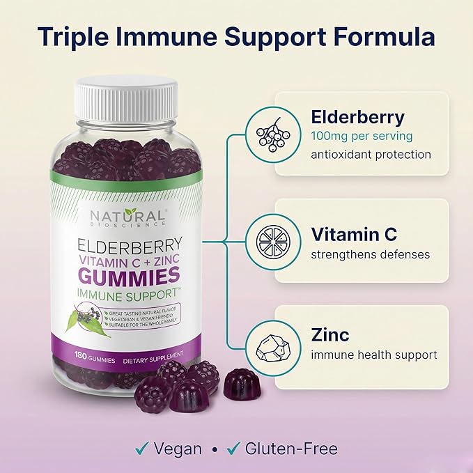 Natural BioScience Sambucus Elderberry Gummies with Vitamin C &amp Zinc Immune Support for Adults &amp Kids Daily Antioxidant &amp Wellness Boost 180 Vegan Gluten-Free Chewable Elderberry Gumm