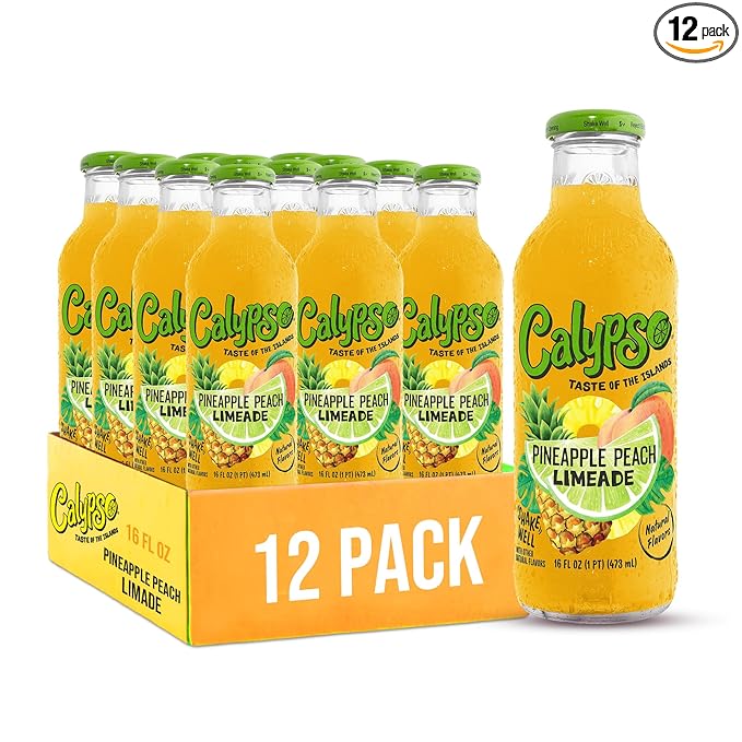 Calypso Limeade Pineapple Peach Limeade Made with Real Fruit 16 Fl Oz Glass Bottles (Pack of 12)
