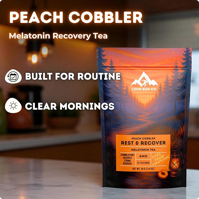 Rest &amp  Recover Sleep Tea by Long Run Co. – Caffeine‑Free Herbal Tea with Melatonin (25 Tea Bags) – All Natural Better Sleep &amp Recovery Wake Up Refreshed [6mg Melatonin Peach Cobbler]