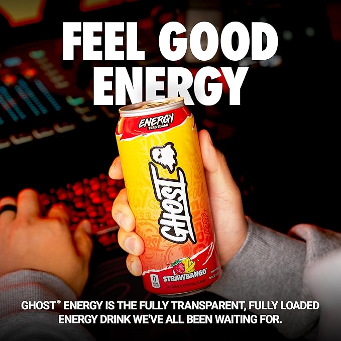 GHOST Energy DrinkStrawbango16oz - Energy &amp Focus &amp No Artificial Colors - 200mg of Natural CaffeineL-Carnitine-&amp Taurine - Gluten-Free-&amp Vegan(Pack of 24)
