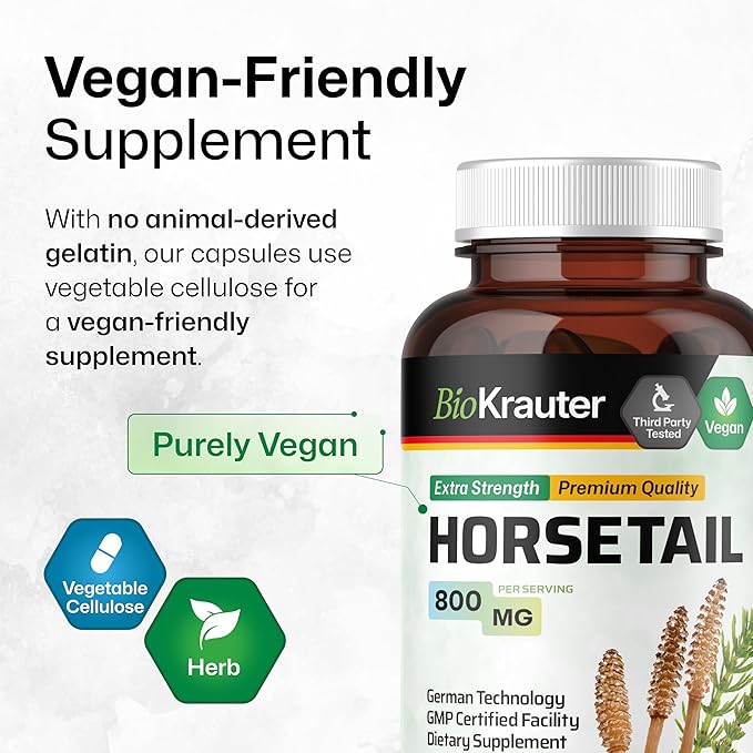 BIO KRAUTER® Horsetail Supplement for Hair Skin &amp Nails - Vegan &amp Pure Horsetail Herb in Capsules 800 mg per Serving 100 Count - Silica Hair Supplement - No Fillers Non-GMO - 50 Days of Supp
