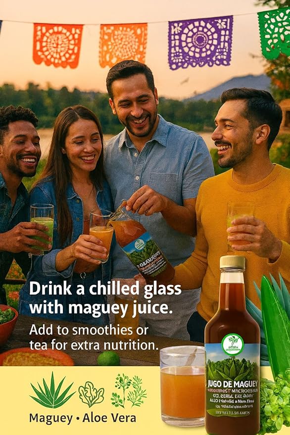 Maguey Jugo(Juice) w/ Aloe Vera &amp 6 Herbs (Sábila y 6 Hierbas)–1000 ml (1 L) Pure Agave Juice – 100% Artisanal Vegan Non-GMO–Natural Digestive Support – Rich in Vitamins B2 B3 &amp C IronCal