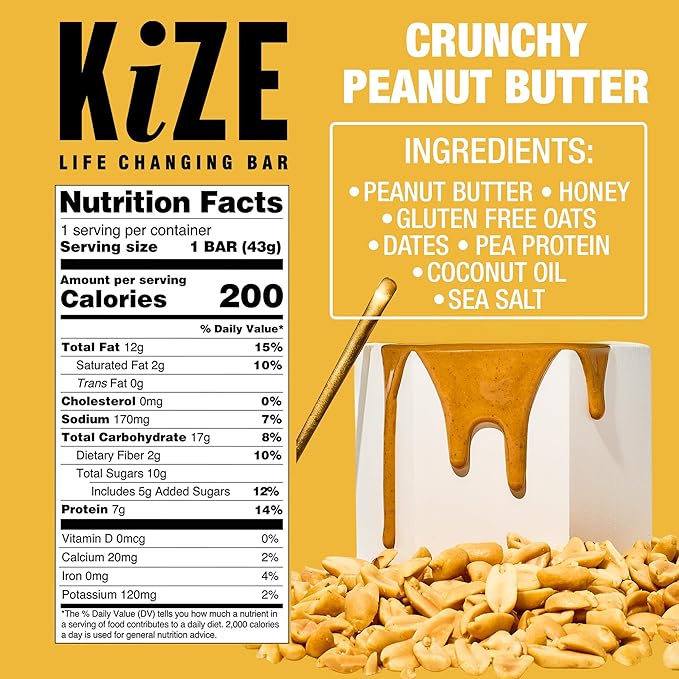 KiZE Energy Bars - Crunchy Peanut Butter - 20-Count - Gluten Free Dairy Free Non-GMO and High Protein Meal Replacement Energy Bars Clean and Simple Food Ingredients - 7g High Protein Snacks (20 Co