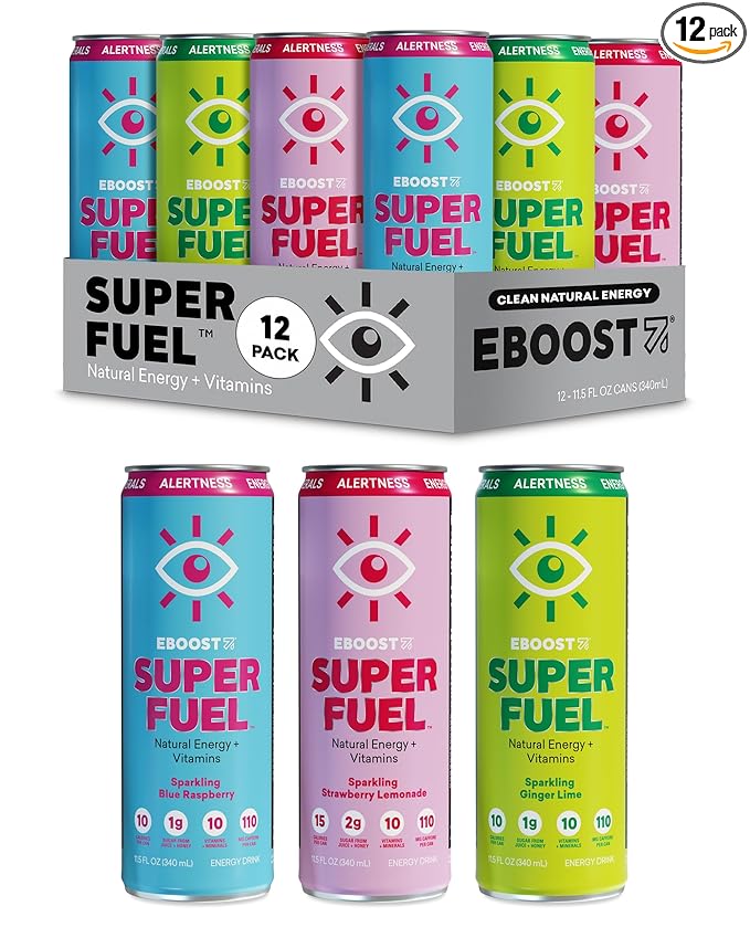 EBOOST Super Fuel Healthy Energy Drink - Caffeine from Natural &amp Clean Ingredients For Focus and Productivity -Taurine Free Pre-Workout With Electrolytes Nootropic &amp Vitamins - Variety Pack
