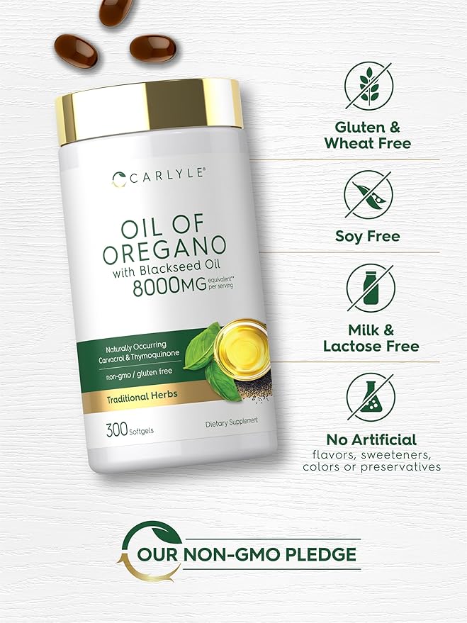 Carlyle Oil of Oregano with Black Seed Oil | 300 Softgel Capsules | Naturally Occurring Carvacrol &amp Thymoquinone Pills | Non-GMO Gluten Free Supplement