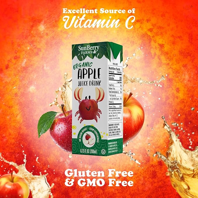 Sunberry Farms Organic Apple Juice Drink – 32 Pack (6.75 fl oz Each) | No Sugar Added | USDA Organic | Gluten-Free | GMO-Free | Preservative Free | Excellent Source of Vitamin C | Lunchbox Kids Juice