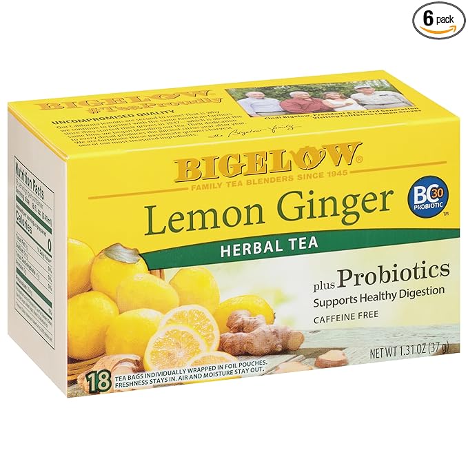 Bigelow Tea Lemon Ginger plus Probiotics Herbal Tea Caffeine Free Tea with Lemon and Ginger 18 Count Box (Pack of 6) 108 Total Tea Bags