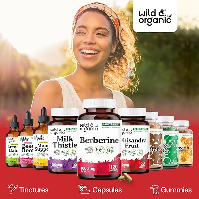 Wild &amp Organic Berberine Supplement Capsules 1000 mg - Antioxidant &amp Overall Support - Berberine HCL Powder - 60 Days of Supply - Berberis Aristata Bark - Vegan No Fillers Non-GMO - 120 Coun