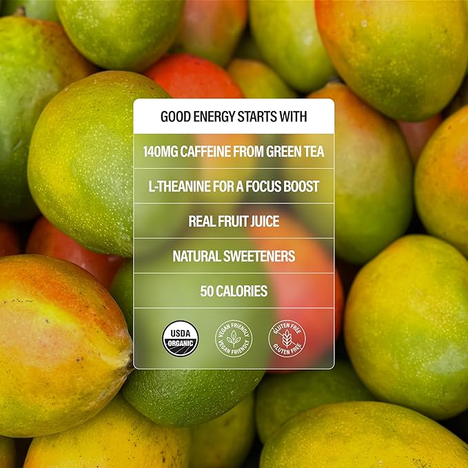 GURU Peach Mango Punch Organic Energy Drinks Clean Energy Drink with Plant Based Natural Caffeine from Green Tea + Focus with L Theanine Gluten Free and Vegan 140MG Caffeine 12oz (Pack of 12)