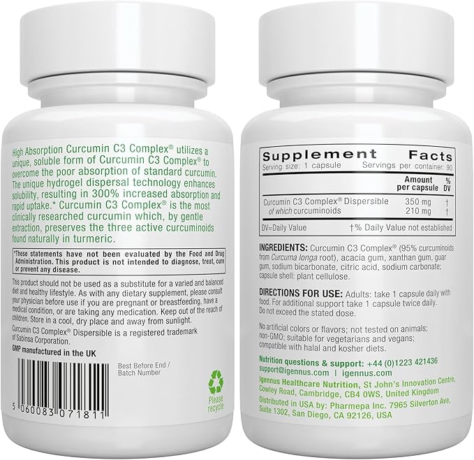 Igennus Advanced Curcumin C3 Complex 300% Greater Absorption &amp Rapid Uptake 95% Standardised Extract 90 Servings Clean Label Vegan Supplement 1-a-Day 90 Capsules